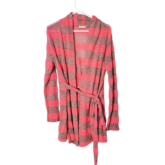 Y2K Preppy Pink Brown Striped Knitted Belted Medium Length Sweater Cardigan Lg - Picture 2 of 7